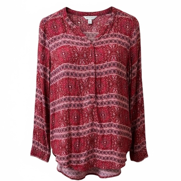 Lucky Brand Top L Large Red Mixed Print Long Sleeve Striped Boho Tunic Blouse - Picture 1 of 4